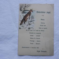 ancien menu de chasse Hôtel Schwan - Kaiserslautern - 5 décembre 1909