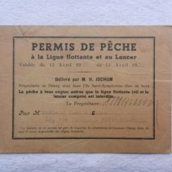 ancien permis de pêche à la ligne flottante et au lancer 1938 - étang de l'Ile Saint Symphorien 57