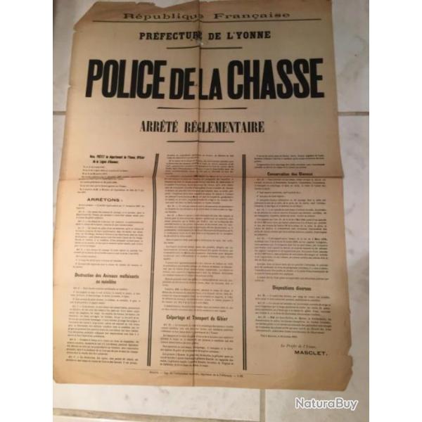 RARE AFFICHE POLICE DE LA CHASSE 1899 arrt rglementaire L'YONNE