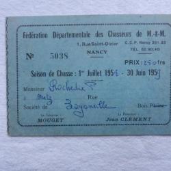 ancien permis de chasse 1958 - Meurthe et Moselle 54