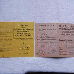 2 anciennes cartes de de pêche - pêche à la ligne 1972 Meuse 55 - 1987 Meurthe et Moselle 54