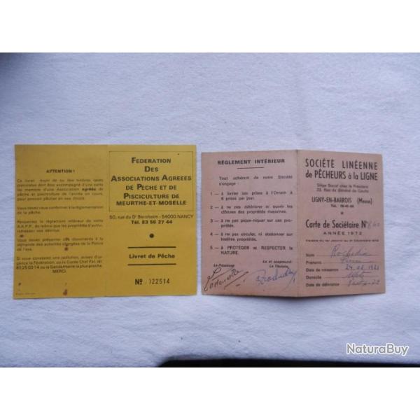 2 anciennes cartes de de pche - pche  la ligne 1972 Meuse 55 - 1987 Meurthe et Moselle 54
