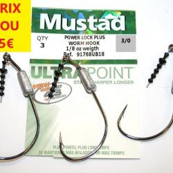 HAMECONS Mustad Power Lock Plus worm Hooks   sz 3/0    pack of 3