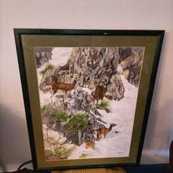 Magnifique aquarelle originale Mouflons dans la montagne signé Bauduin