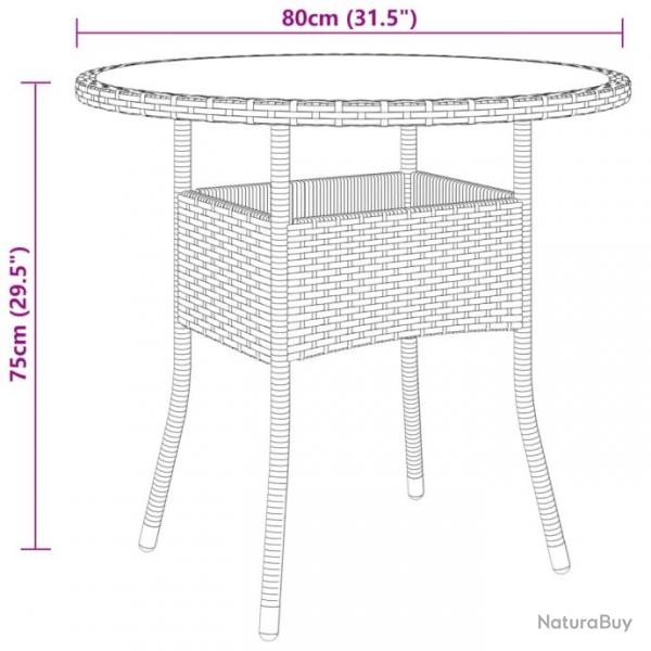 Table de jardin 80x75 cm Verre tremp/rsine tresse Gris