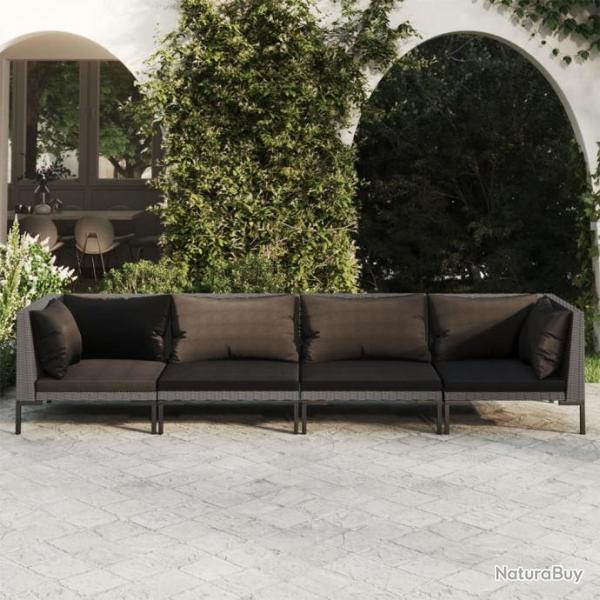 Salon de jardin 4 pcs avec coussins Rsine tresse Gris fonc