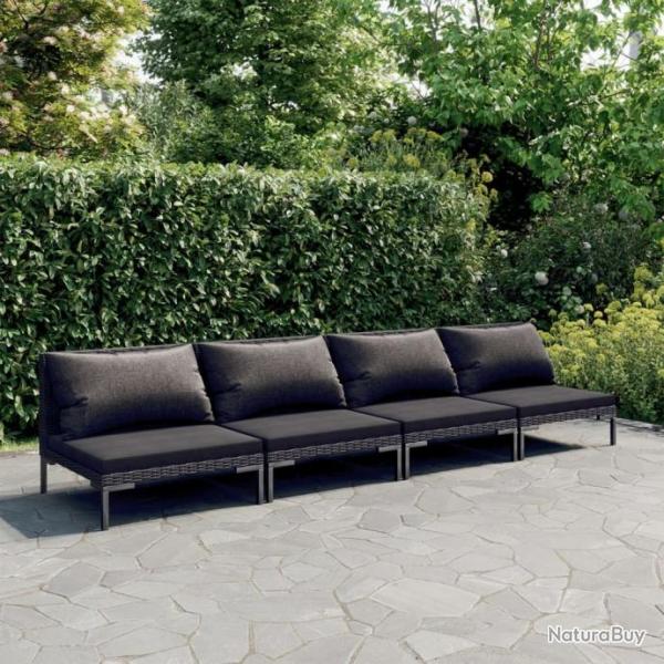 Salon de jardin 4 pcs avec coussins Rsine tresse Gris fonc