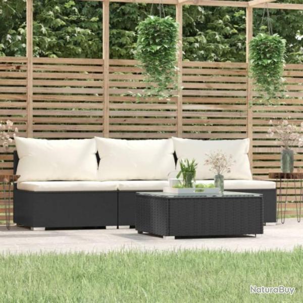 Salon de jardin 4 pcs avec coussins Noir Rsine tresse