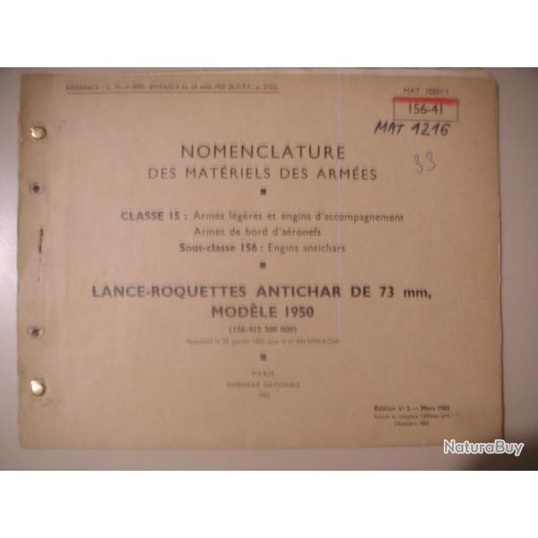 NOMENCLATURE DES MATERIELS DES ARMEES 156-41 LANCE ROQUETTE ANTICHAR DE 73 mm MODELE 1950