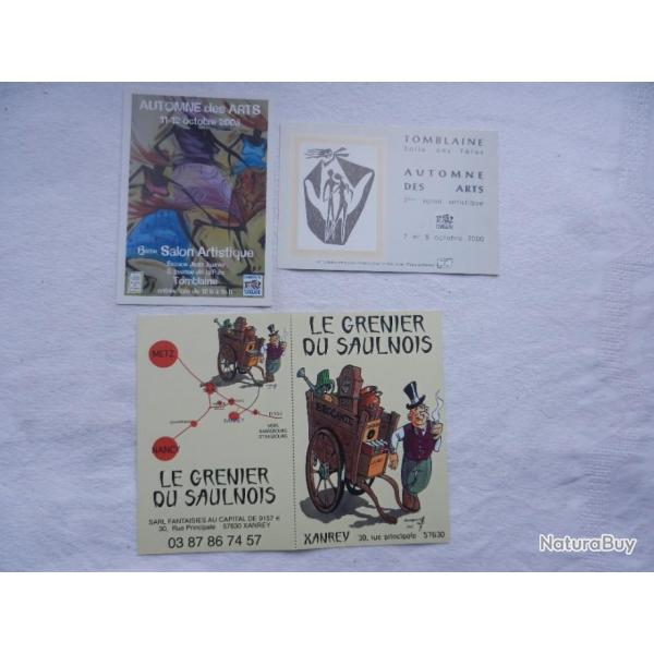 lot de 3 cartes publicitaires brocante du Saulnois et salon automne des arts Tomblaine