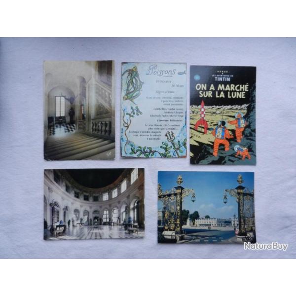 lot de 5 cartes postales diverses-Tintin-Nancy place Stanislas-chteaux de la Loire-signe poissons