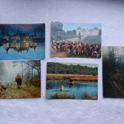 lot de 5 cartes postales non écrites thème châteaux et chasse
