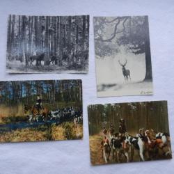 lot de 4 cartes postales non écrites - thème cerf et chasse à courre