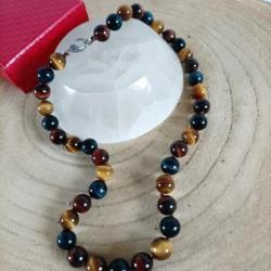 Collier  pierre naturelle en perles 10 mm ,  oeil de Taureau /oeil de tigre / oeil de Faucon,