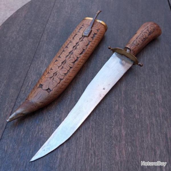 Ancien Couteau INDIEN Manche et tui en Bois Sculpt