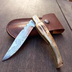 Couteau CATALAN Damas avec Étui en cuir Manche en Bois de Cerf