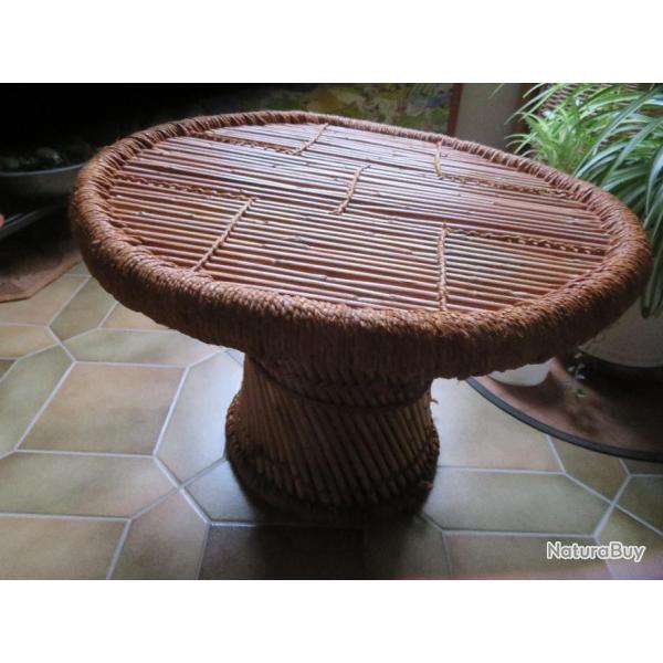 Ancienne Table Basse ronde en Corde Tresse & Bambou Vintage, Travail Artisanal - Epoque  XXme