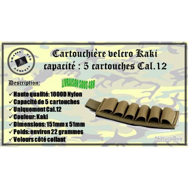 Cartouchire velcro Kaki avec une capacit de 5 cartouches de calibre .12
