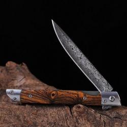 couteau pliant motif damas damascus laser manche bois avec étui camping survie pêche chasse #0049