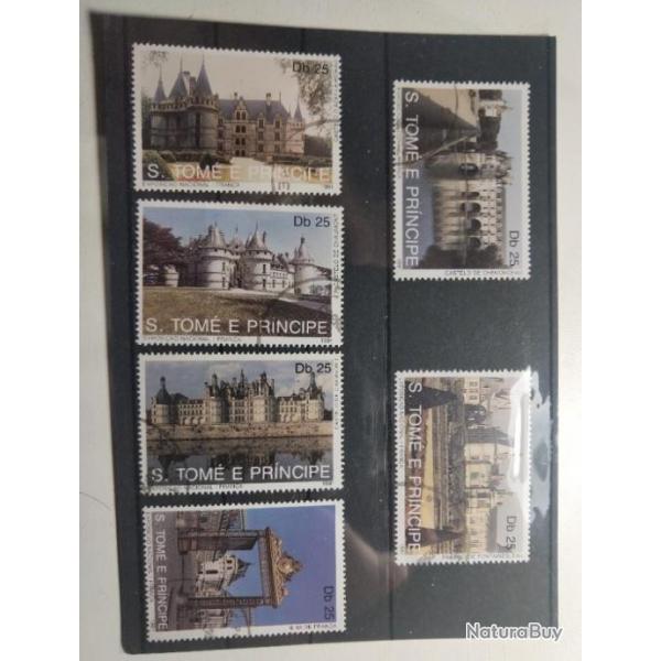Lot 6 timbres Tom et Principe, chteaux franais 1991.