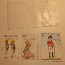 Lot 3 timbres Grenade, soldats révolution américaine.