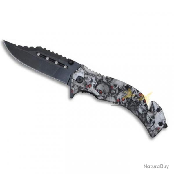 Couteau pliant en acier inoxydable avec clip, coupe ceinture et brise vitre design ttes de mort