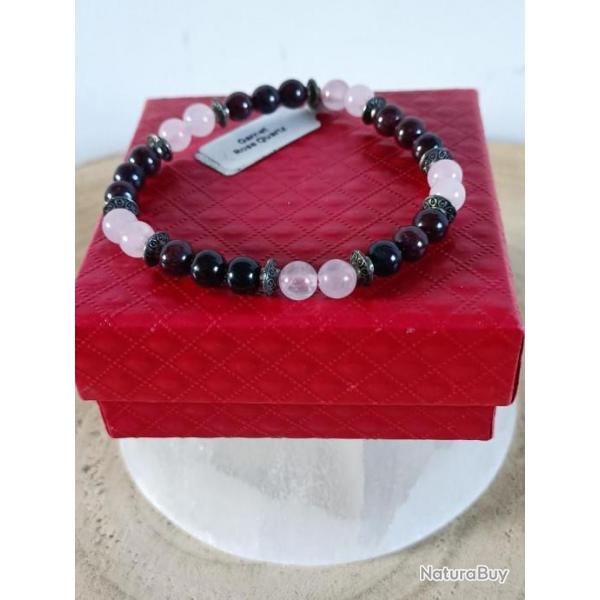 Bracelet en pierre naturelle Grenat rouge et quartz rose perles 6 mm