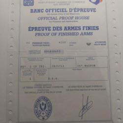 Certificat Banc Officiel d'Epreuve des Armes à Feu et Munitions : 357 magnum.