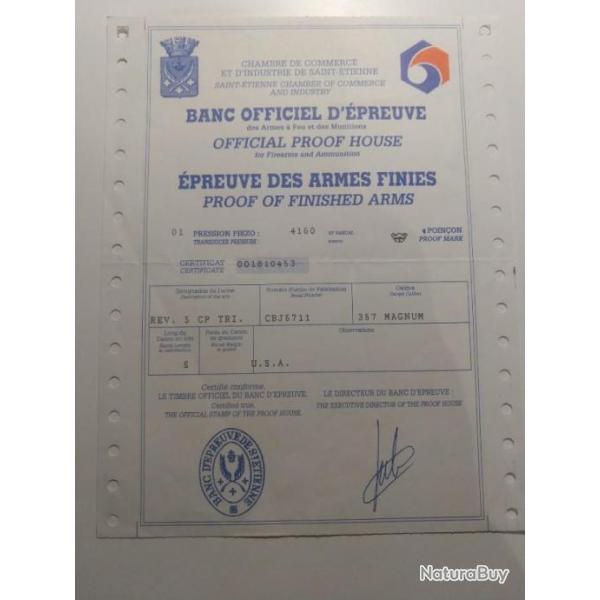Certificat Banc Officiel d'Epreuve des Armes  Feu et Munitions : 357 magnum.