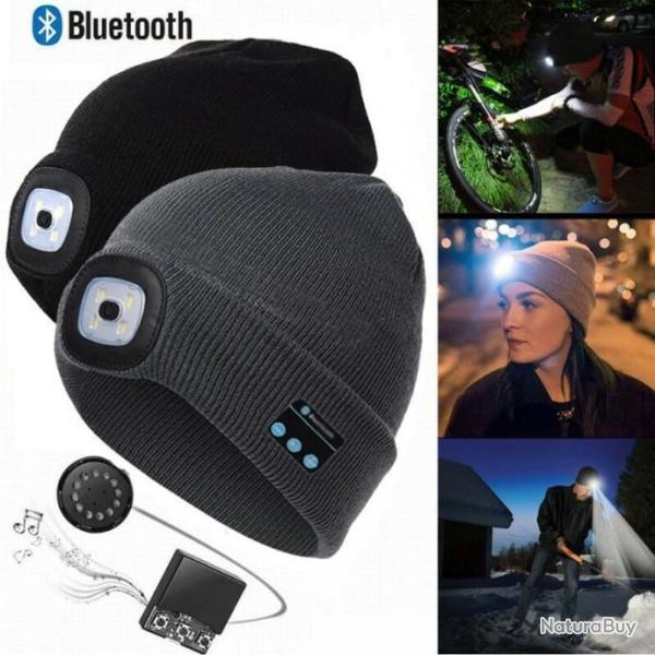Bonnet Noir Sans Fil Bluetooth avec Ecouteur et Eclairage 4 Led Rechargeable USB + Cble Pratique
