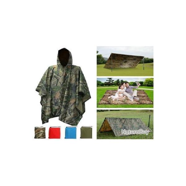 3 en 1 Poncho Impermable Polyvalent Manteau de Pluie - Tente - Tapis de sol - Auvent - Abri