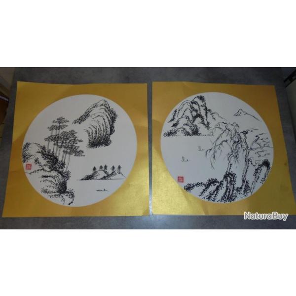PAIRE DE DESSIN ASIATIQUE ENCRE DE CHINE PAYSAGE DE MONTAGNE RIVIRE LAC MARINE