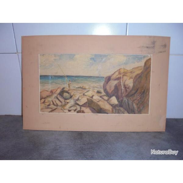 ANCIEN DESSIN PAYSAGE MARIN PLAGE ROCHERS PCHEUR A LA LIGNE  Restaurer