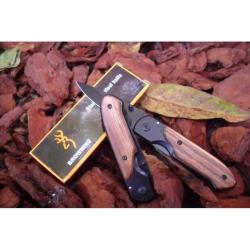 Couteau Pliant "BROWNING" Lame Acier noire 7,5 cm Manche Bois 10,5 cm Outdoor