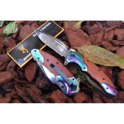 Couteau Pliant de Poche "Browning" Lame Acier Chromé 9,5 cm Manche Bois/Acier Titan 12,5 cm