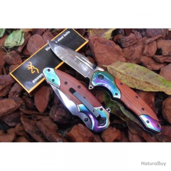 Couteau Pliant de Poche "Browning" Lame Acier Chrom 9,5 cm Manche Bois/Acier Titan 12,5 cm