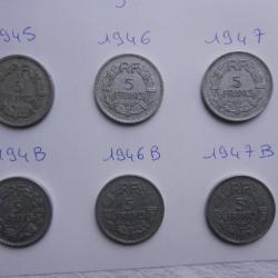lot de 6 pièces de 5 francs alu années 1945 1946 1947
