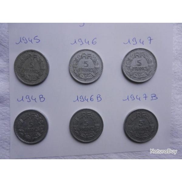 lot de 6 pices de 5 francs alu annes 1945 1946 1947
