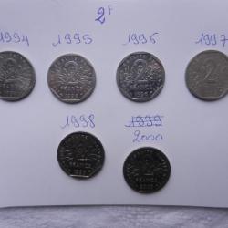 lot de 6 pièces de 2 francs  nickel années 1994 1995 1996 1997 1998 2000