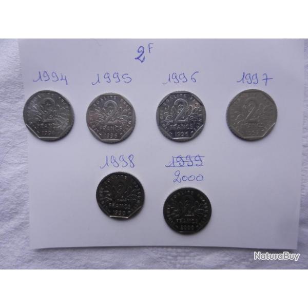 lot de 6 pices de 2 francs  nickel annes 1994 1995 1996 1997 1998 2000