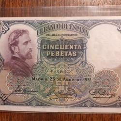 50 pesetas du 25 avril 1931 en ttb +