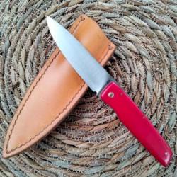 Couteau de chasse fabrication artisanale, manche micarta rouge, lame XC75 trempe sélective