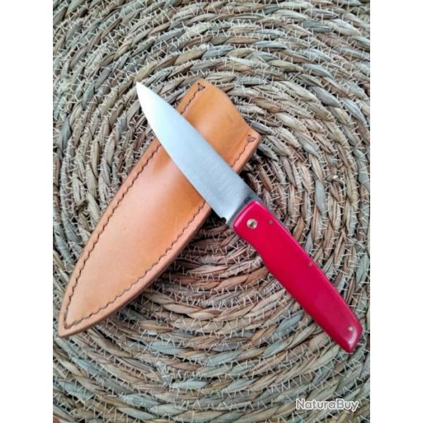 Couteau de chasse fabrication artisanale, manche micarta rouge, lame XC75 trempe slective
