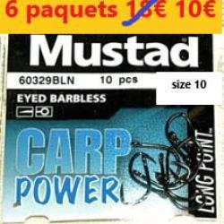 LOT DE 6 PAQUETS de 10 Hameçons MUSTAD CARP POWER HOOKS (Barbless - Eyed)