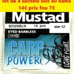 LOT DE 4 PAQUETS de 10 Hameçons  MUSTAD CARP POWER HOOKS (Barbless - Eyed) taille 12