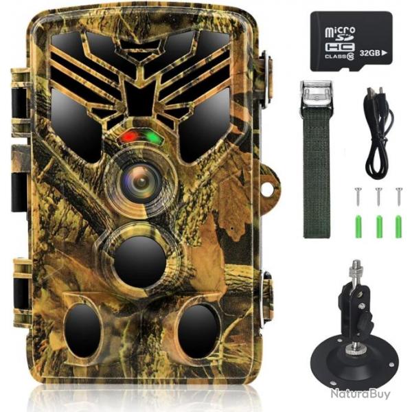 Camra de Chasse Surveillance 24MP 1080P 2.7K Video avec Carte 32GB tanche IP66 Vision Nocturne