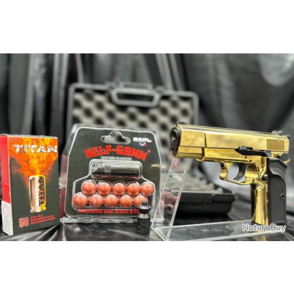 Pack dfense pistolet + munitions + embout "SELF-GOMM"-"Browning GPDA" calibre 9MM PAK - GOLD