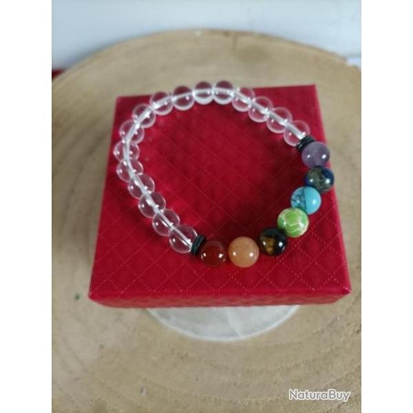 Bracelet en Cristal de roche / 7 chakras  perles 8 mm avec crin