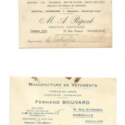 LOT 2 CARTE DE VISITE MANUFACTURE VÊTEMENTS / Cie D'ASSURANCE MARSEILLE 1920