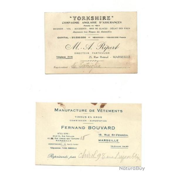 LOT 2 CARTE DE VISITE MANUFACTURE VTEMENTS / Cie D'ASSURANCE MARSEILLE 1920